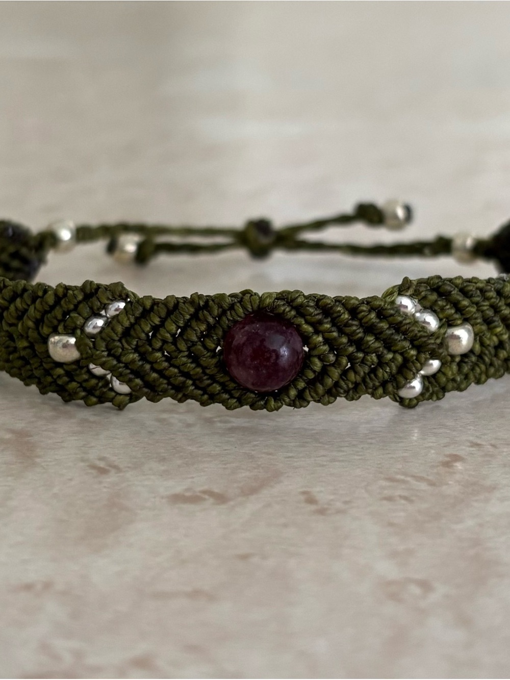 Handmade Olive Green Macrame Bracelet with Garnet Accent